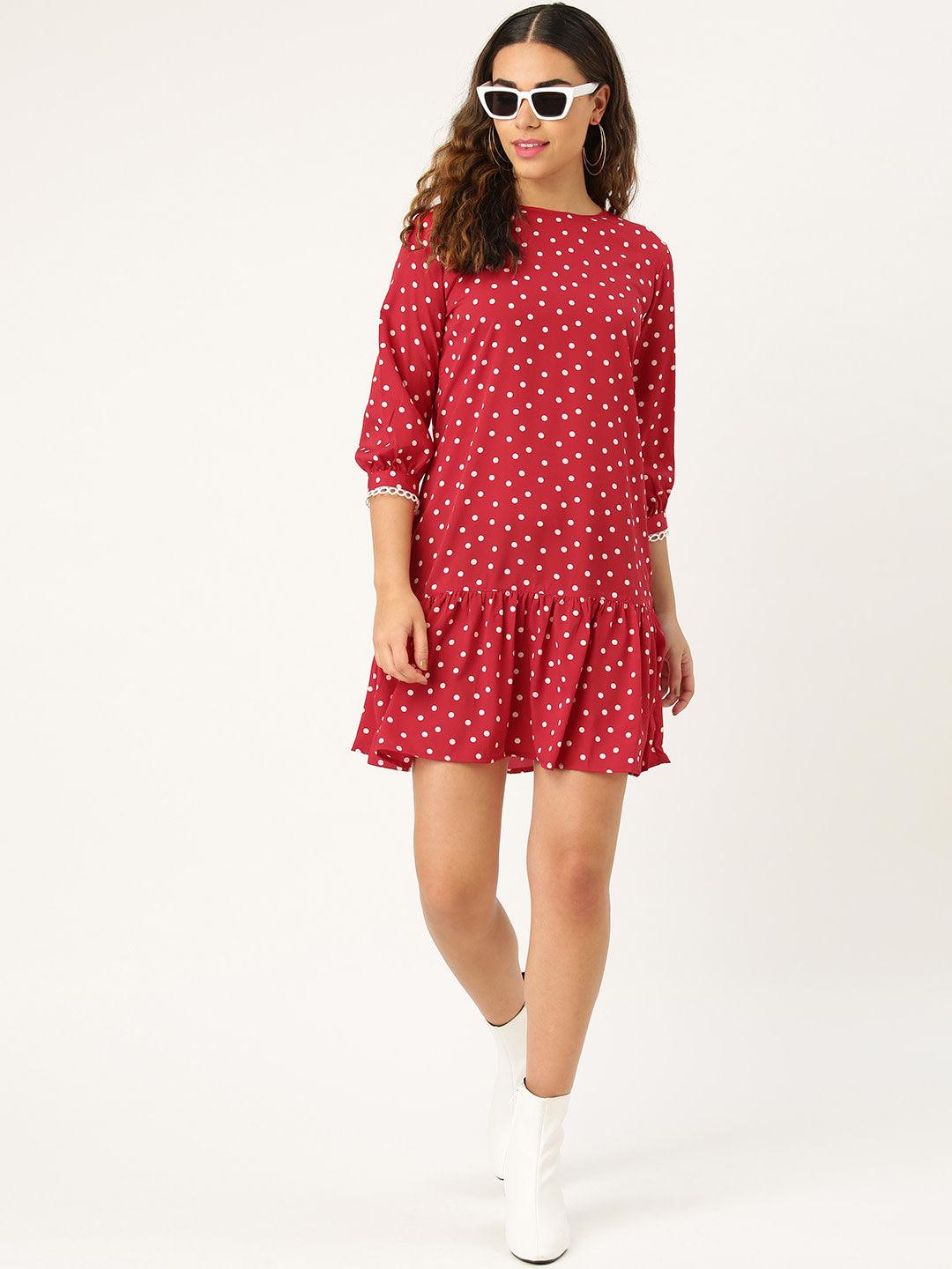 Women Black & White Polka Dots Printed Drop-Waist Dress-Dresses-StyleQuotient