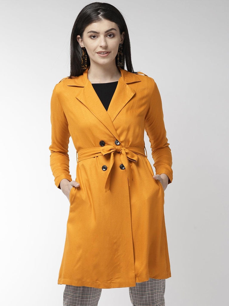 Style Quotient Women Solid Mustard Yellow viscose rayon smart casual Trench Coat-Jackets-StyleQuotient