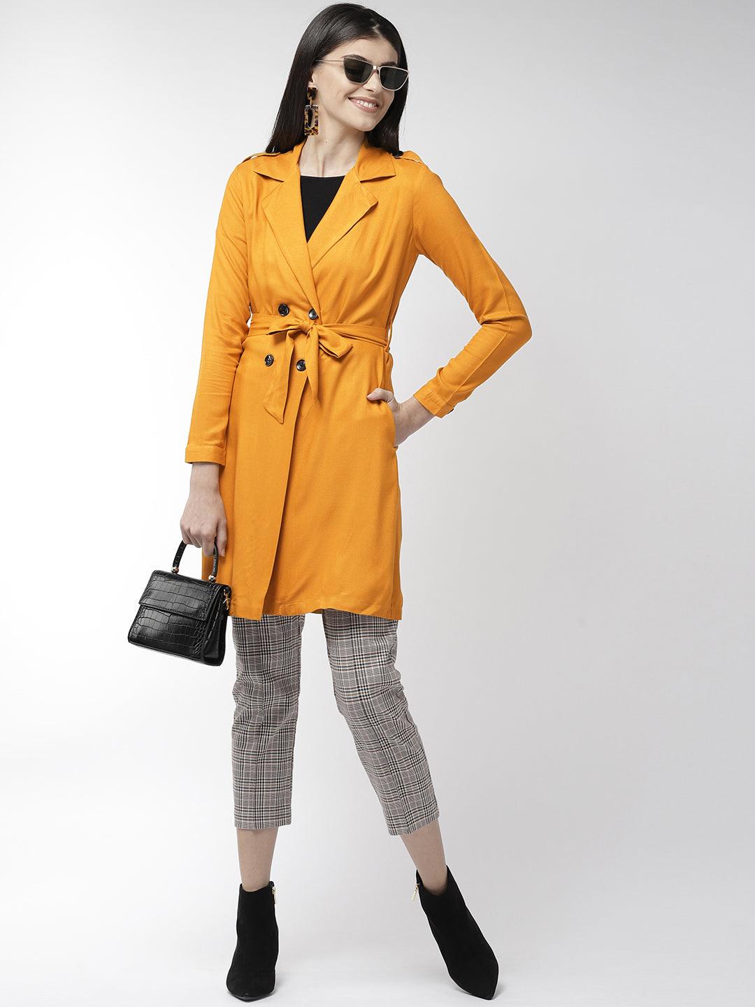 Style Quotient Women Solid Mustard Yellow viscose rayon smart casual Trench Coat-Jackets-StyleQuotient