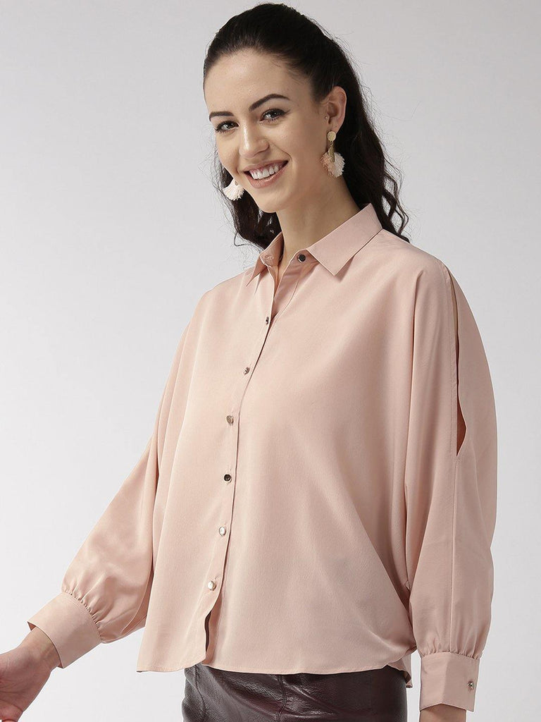 Women Peach-Coloured Solid Contemporary Fit Casual Shirt-Shirts-StyleQuotient