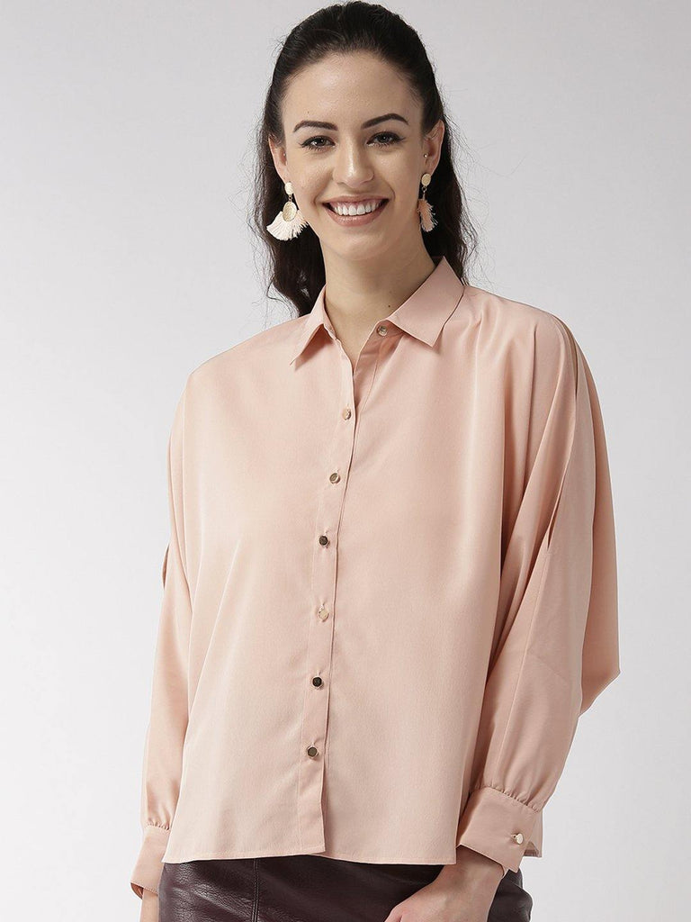 Women Peach-Coloured Solid Contemporary Fit Casual Shirt-Shirts-StyleQuotient