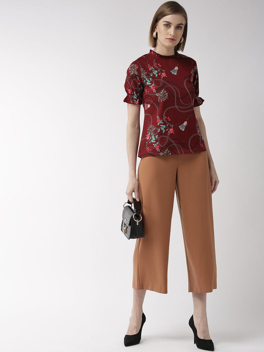 Women Maroon & Green Printed Regulartop-Tops-StyleQuotient