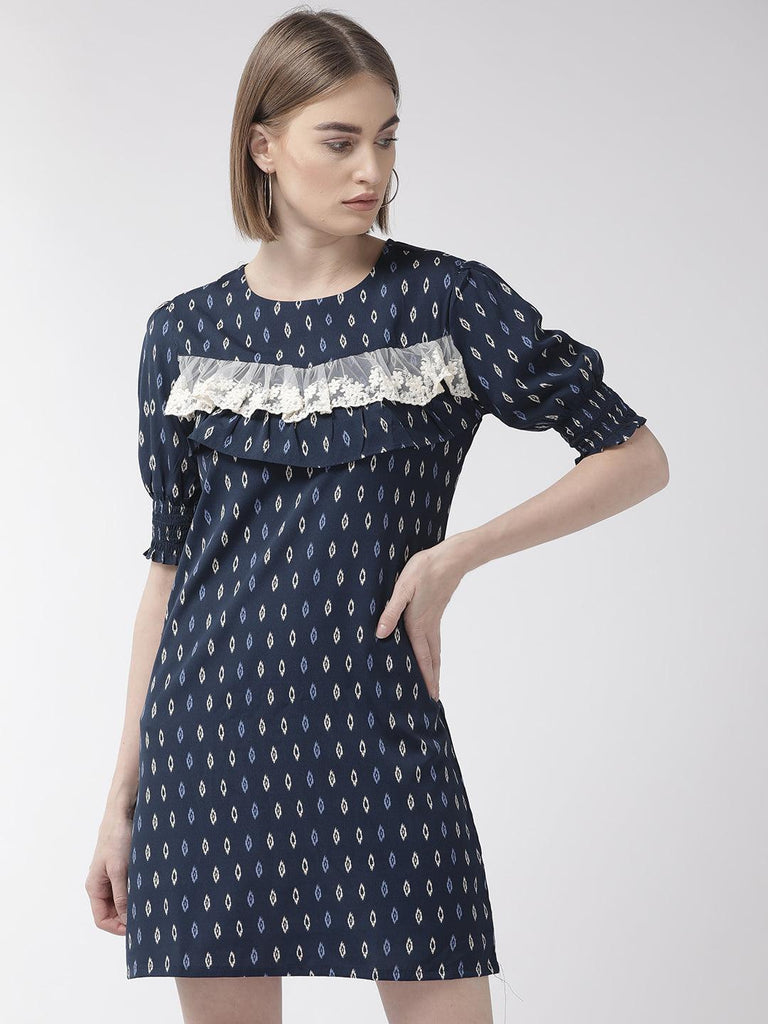Women Navy Blue & White Printed A-Line Dress-Dresses-StyleQuotient