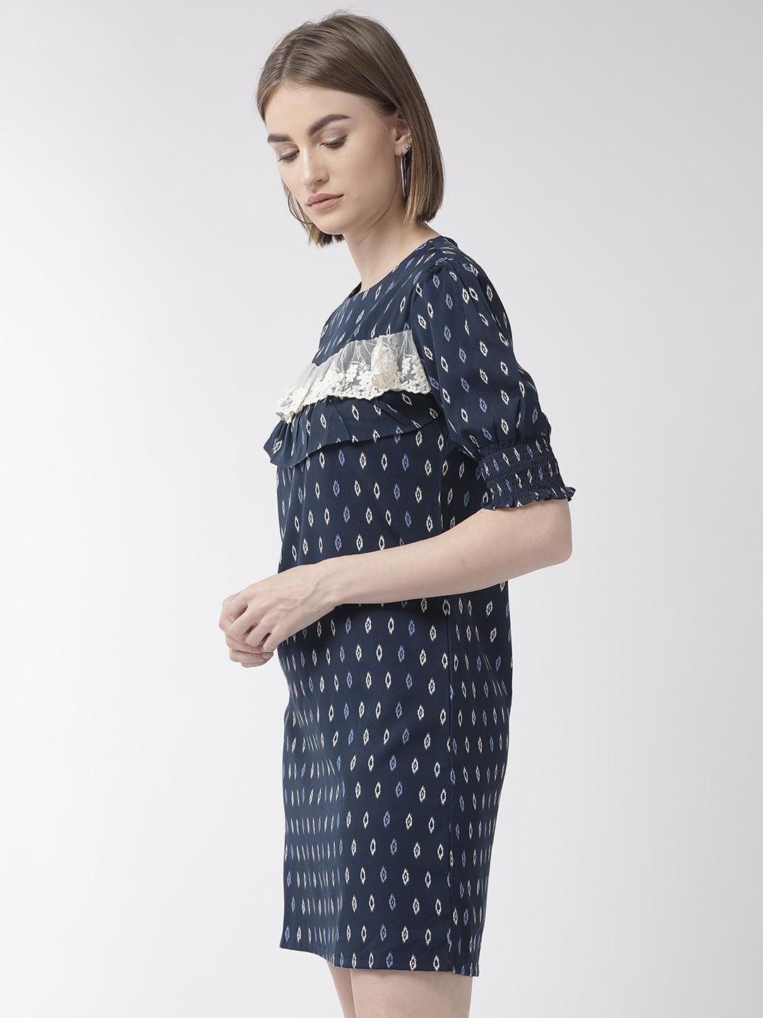 Women Navy Blue & White Printed A-Line Dress-Dresses-StyleQuotient