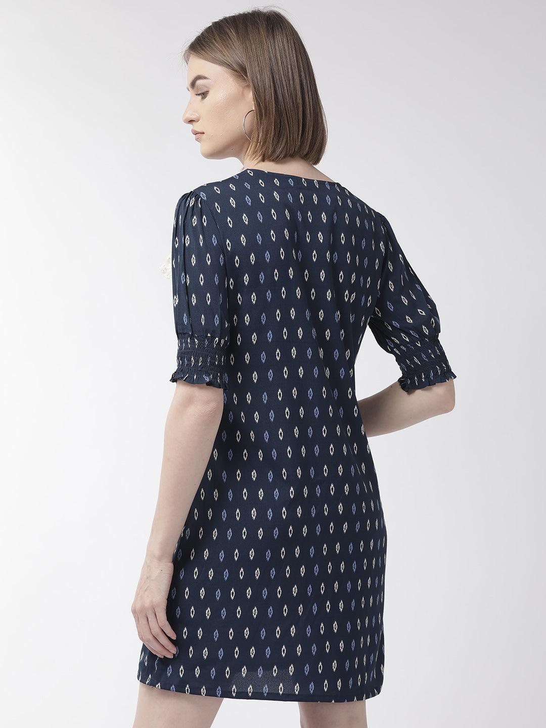 Women Navy Blue & White Printed A-Line Dress-Dresses-StyleQuotient