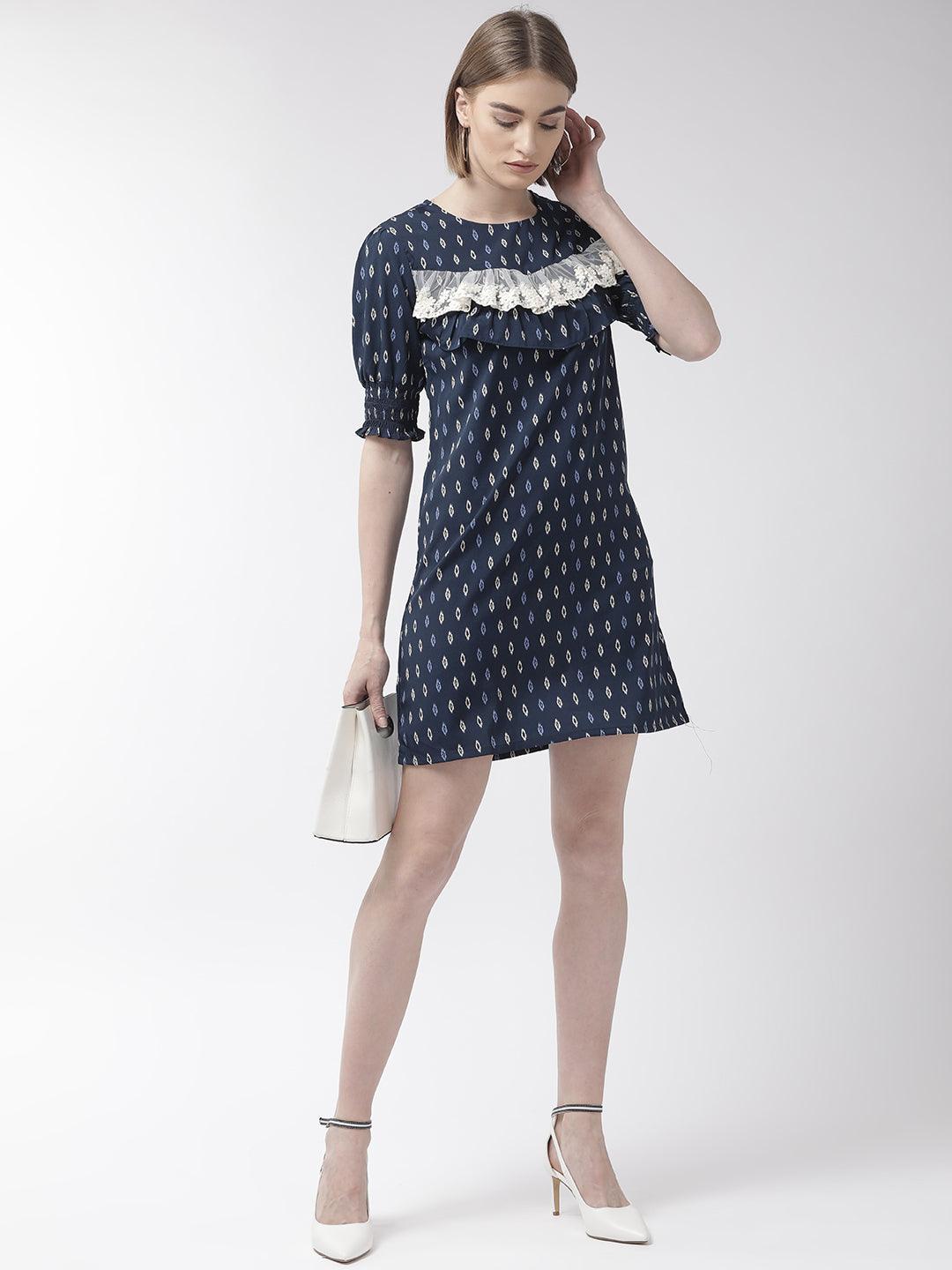 Women Navy Blue & White Printed A-Line Dress-Dresses-StyleQuotient