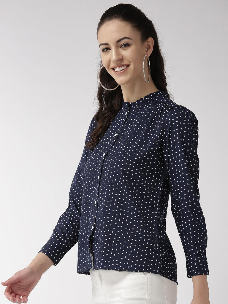 Women Navy Blue & White Regular Fit Printed Casual Shirt-Shirts-StyleQuotient