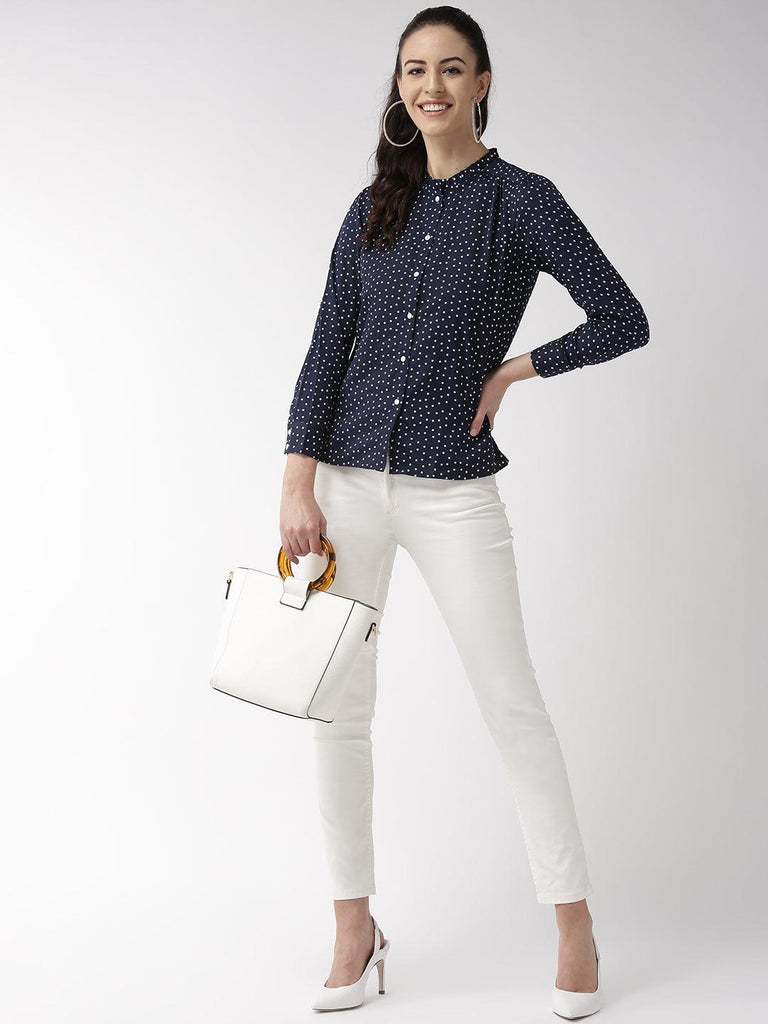 Women Navy Blue & White Regular Fit Printed Casual Shirt-Shirts-StyleQuotient