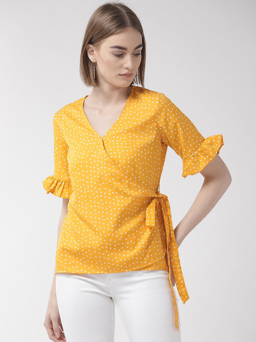 Women Yellow & White Polka Dot Printed Wrap Top-Tops-StyleQuotient