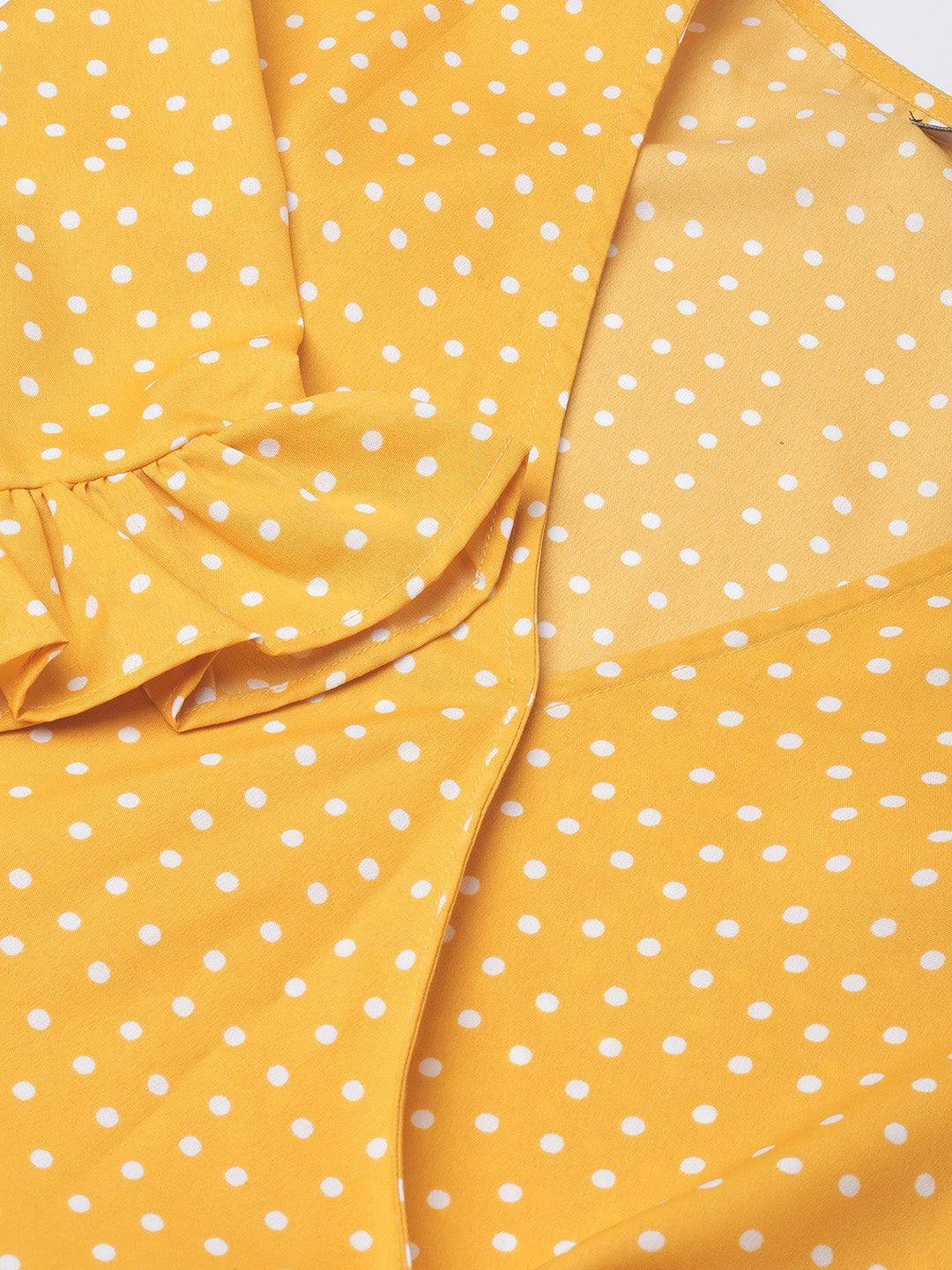 Women Yellow & White Polka Dot Printed Wrap Top-Tops-StyleQuotient