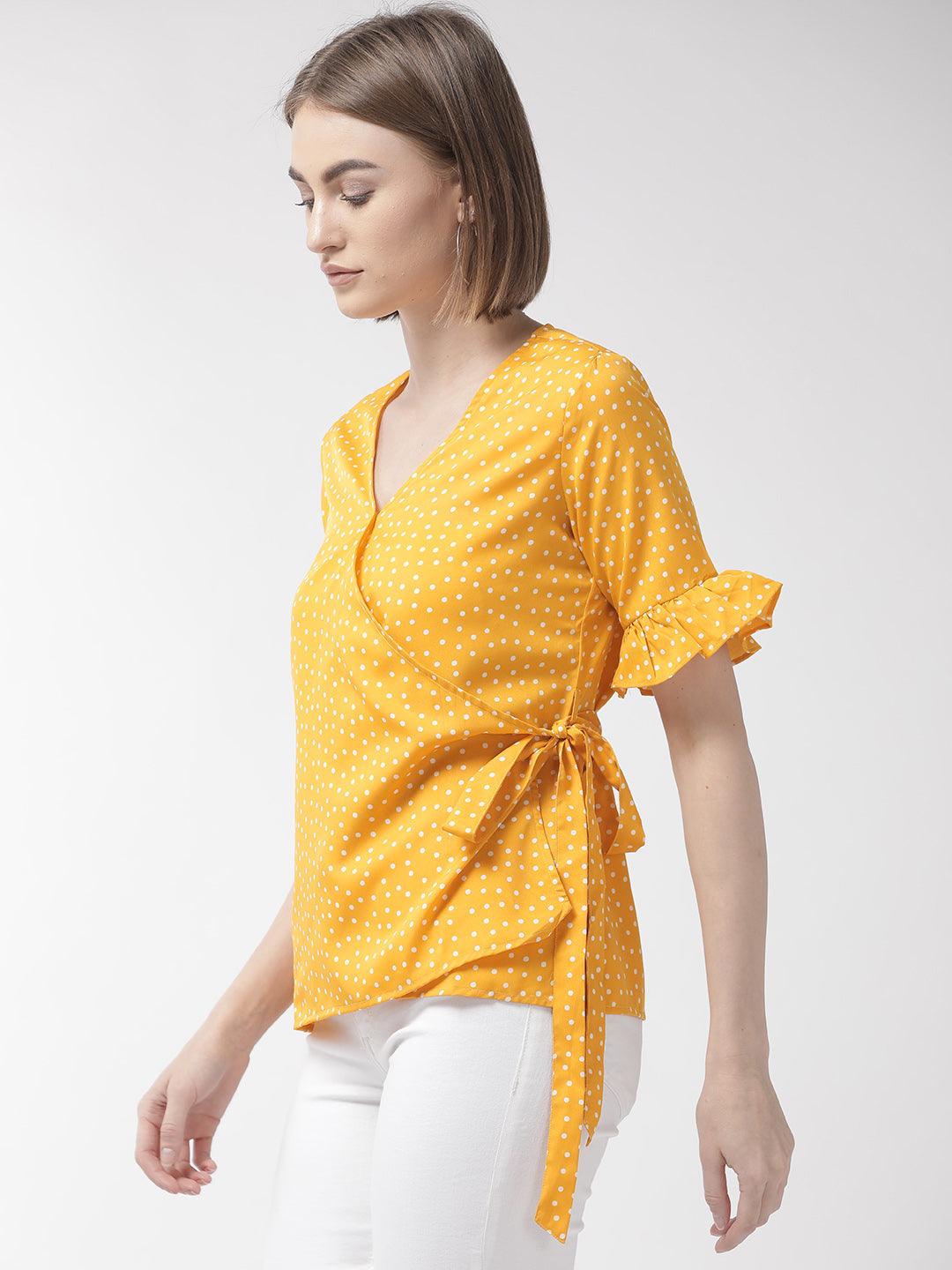 Women Yellow & White Polka Dot Printed Wrap Top-Tops-StyleQuotient