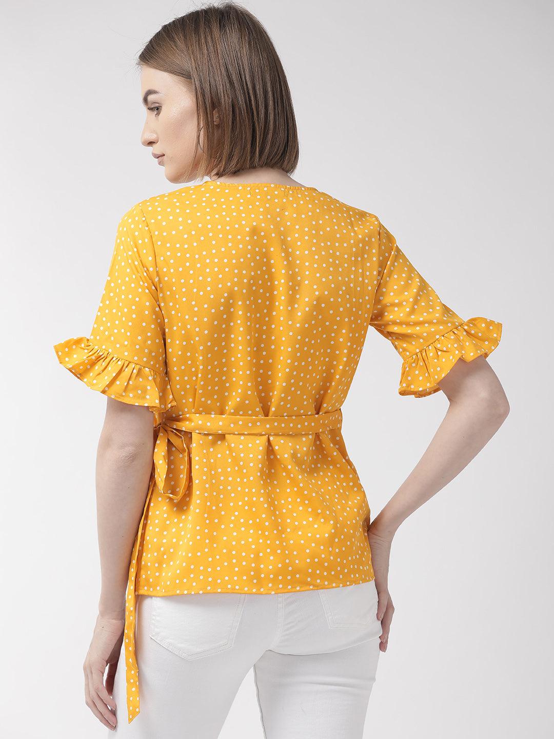 Women Yellow & White Polka Dot Printed Wrap Top-Tops-StyleQuotient