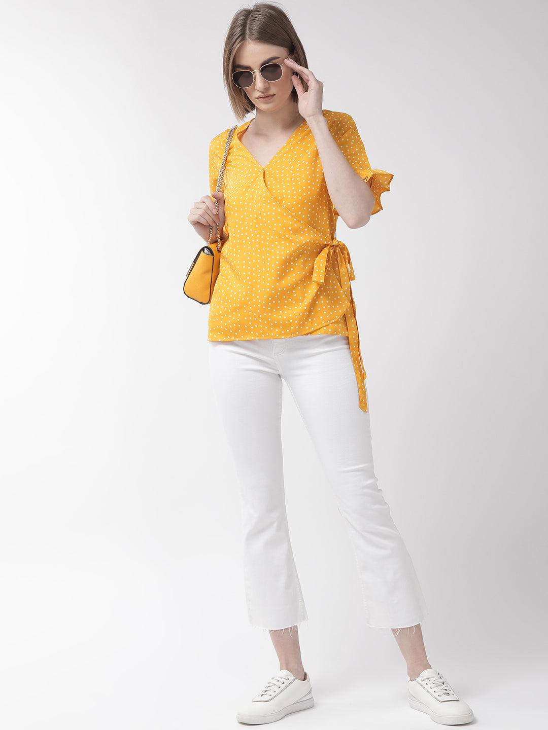 Women Yellow & White Polka Dot Printed Wrap Top-Tops-StyleQuotient