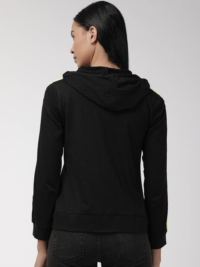 Women Black Solid Hooded Sweatshirt-Sweaters-StyleQuotient