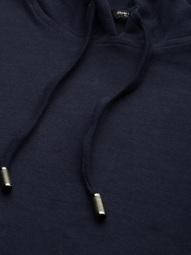 Women Navy Blue Solid Hooded Sweatshirt-Sweaters-StyleQuotient