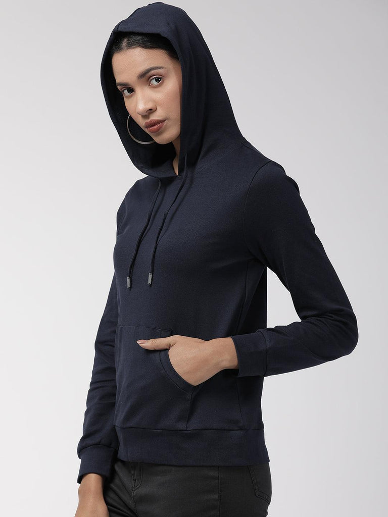 Women Navy Blue Solid Hooded Sweatshirt-Sweaters-StyleQuotient