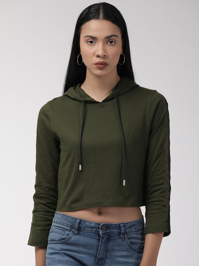 Women Olive Green Solid Hooded Cropped Sweatshirt-Sweaters-StyleQuotient
