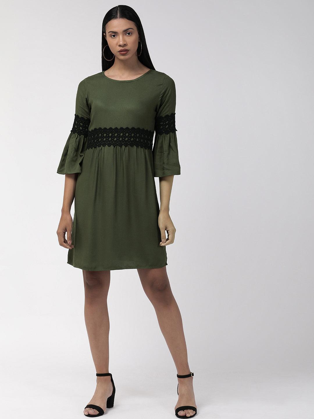 Women Olive Green Solid A-Line Dress-Dresses-StyleQuotient