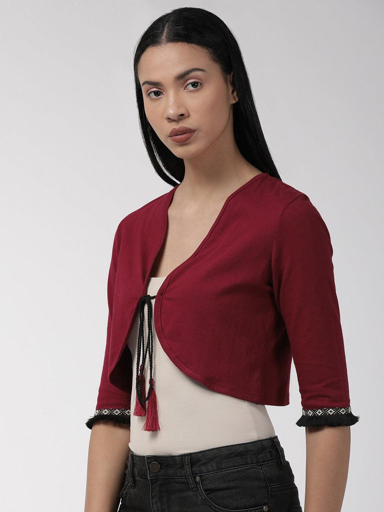 Women Maroon Solid Tie-Up Crop Shrug-Shrug-StyleQuotient