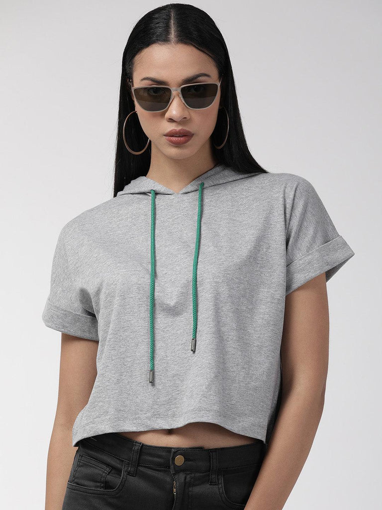 Women Grey Solid Hooded Sweatshirt-Sweaters-StyleQuotient