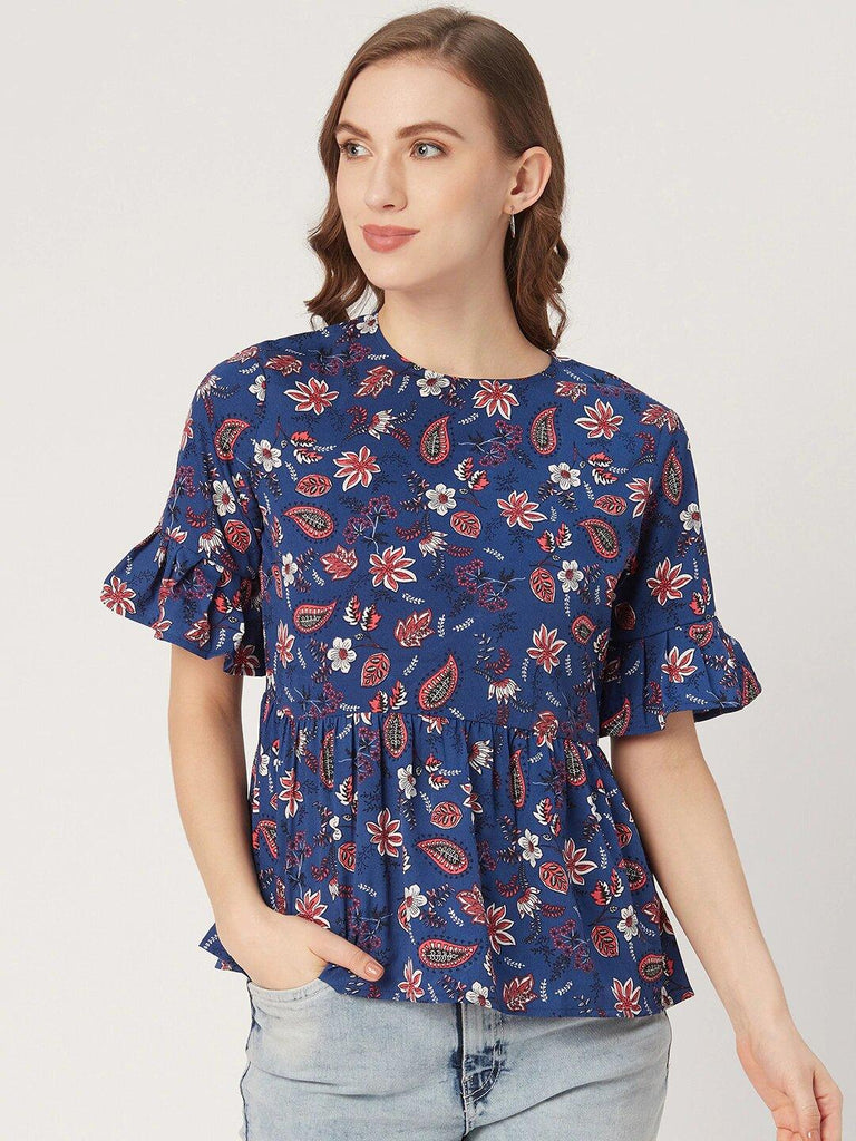 Women Blue & Pink Floral Print A-Line Top-Tops-StyleQuotient