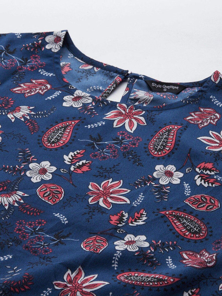 Women Blue & Pink Floral Print A-Line Top-Tops-StyleQuotient