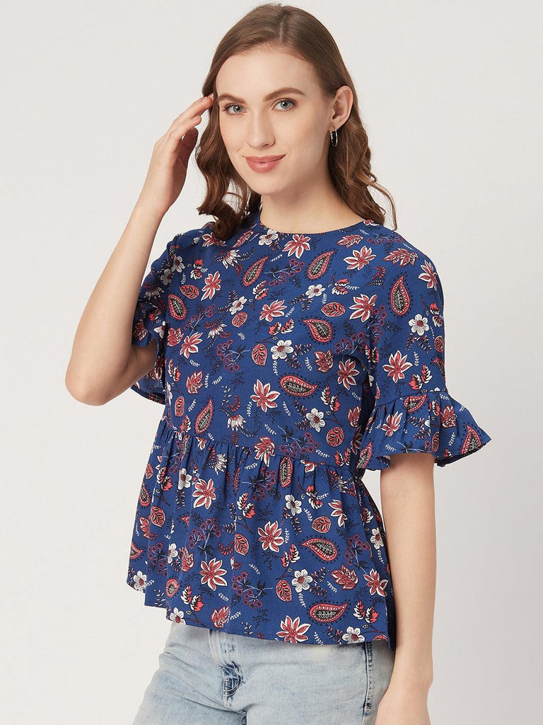 Women Blue & Pink Floral Print A-Line Top-Tops-StyleQuotient