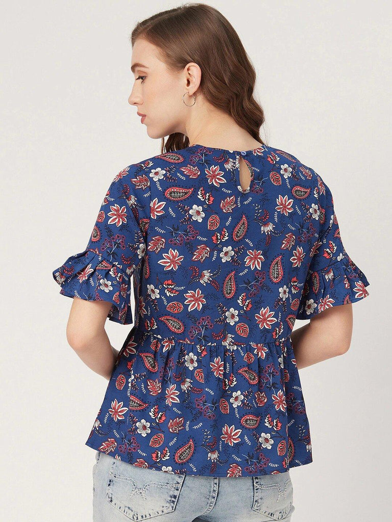 Women Blue & Pink Floral Print A-Line Top-Tops-StyleQuotient