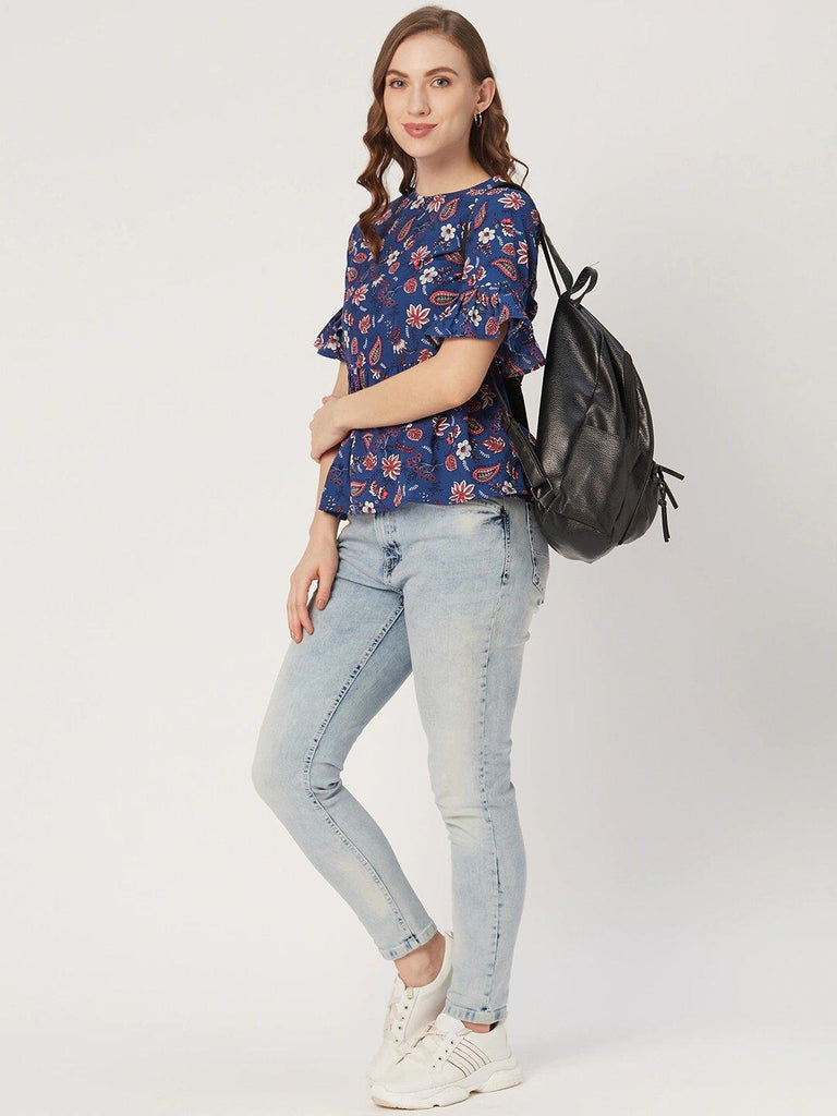 Women Blue & Pink Floral Print A-Line Top-Tops-StyleQuotient