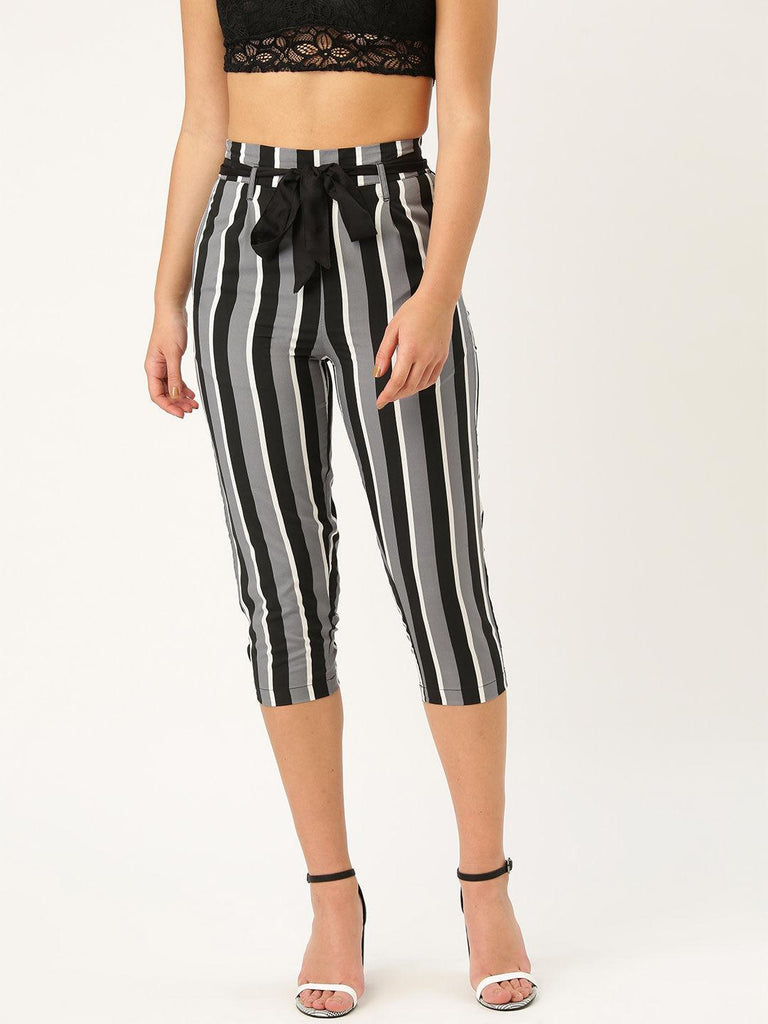 Women Grey & Black Smart Regular Fit Striped Three-Fourth Trousers-Trousers-StyleQuotient