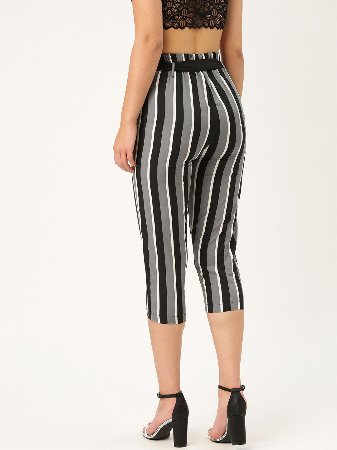 Women Grey & Black Smart Regular Fit Striped Three-Fourth Trousers-Trousers-StyleQuotient