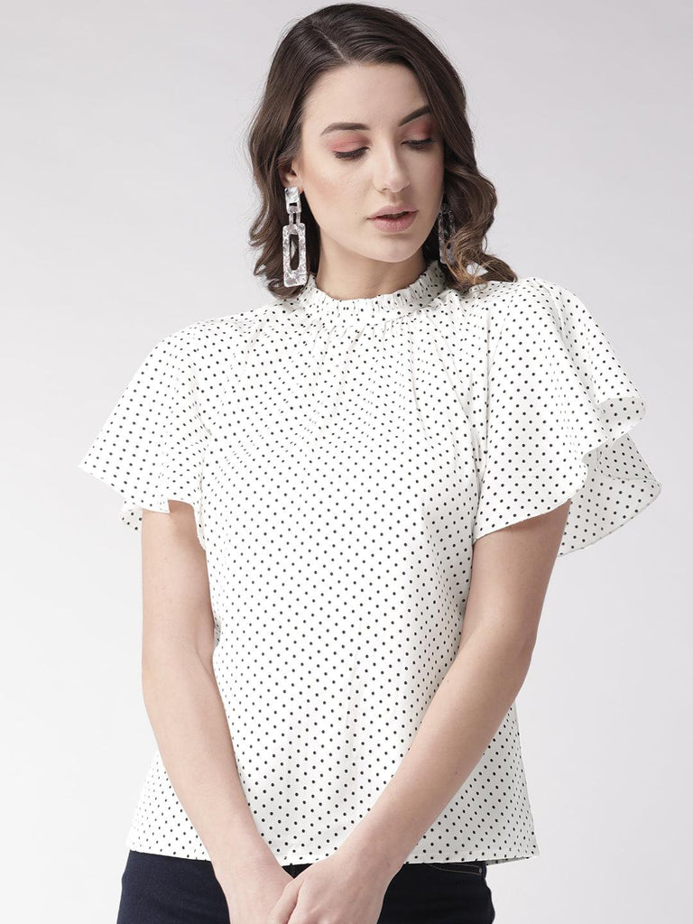 Women Peach-Coloured Polk Dot Print Top-Tops-StyleQuotient