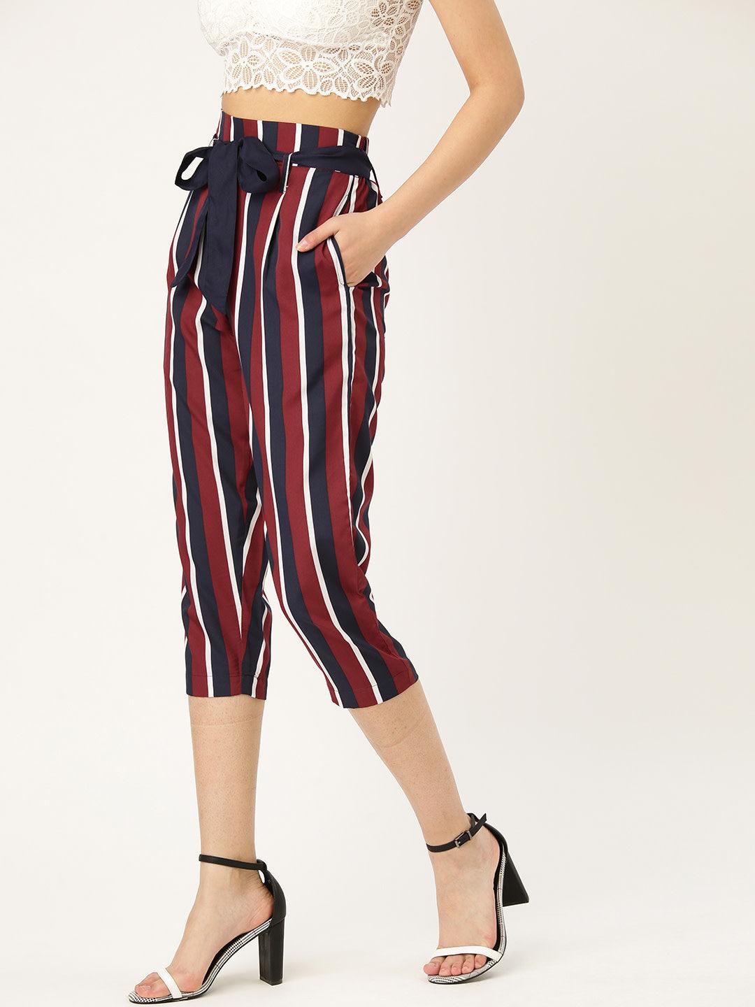 Women Grey & Black Smart Regular Fit Striped Three-Fourth Trousers-Trousers-StyleQuotient