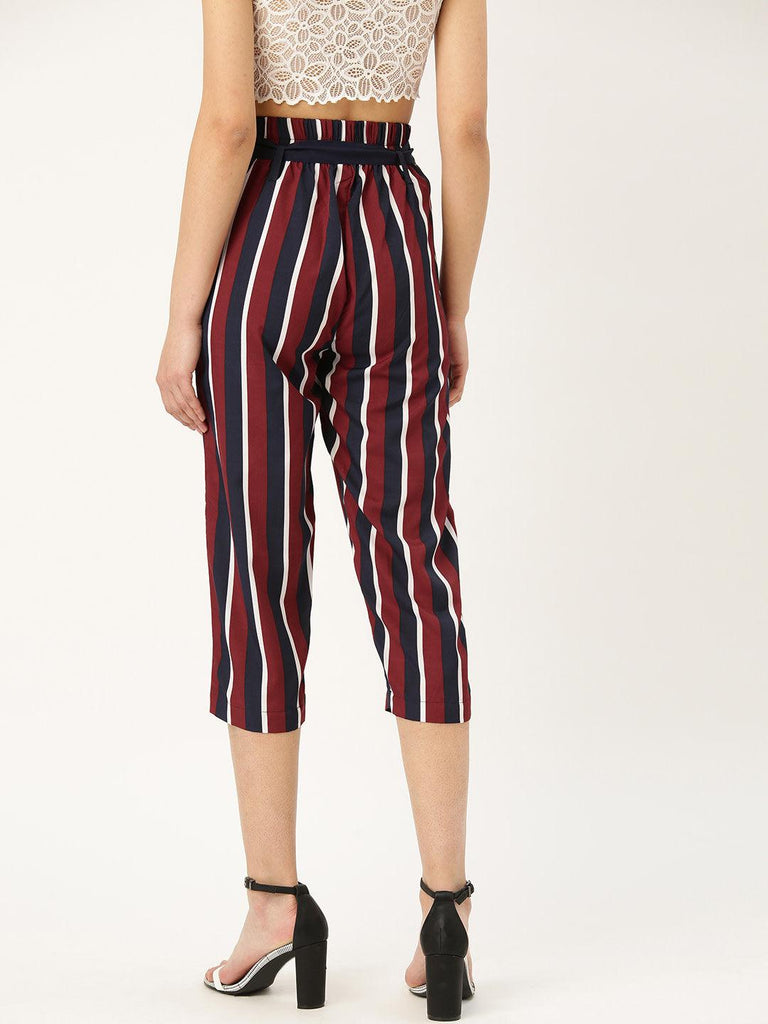 Women Grey & Black Smart Regular Fit Striped Three-Fourth Trousers-Trousers-StyleQuotient