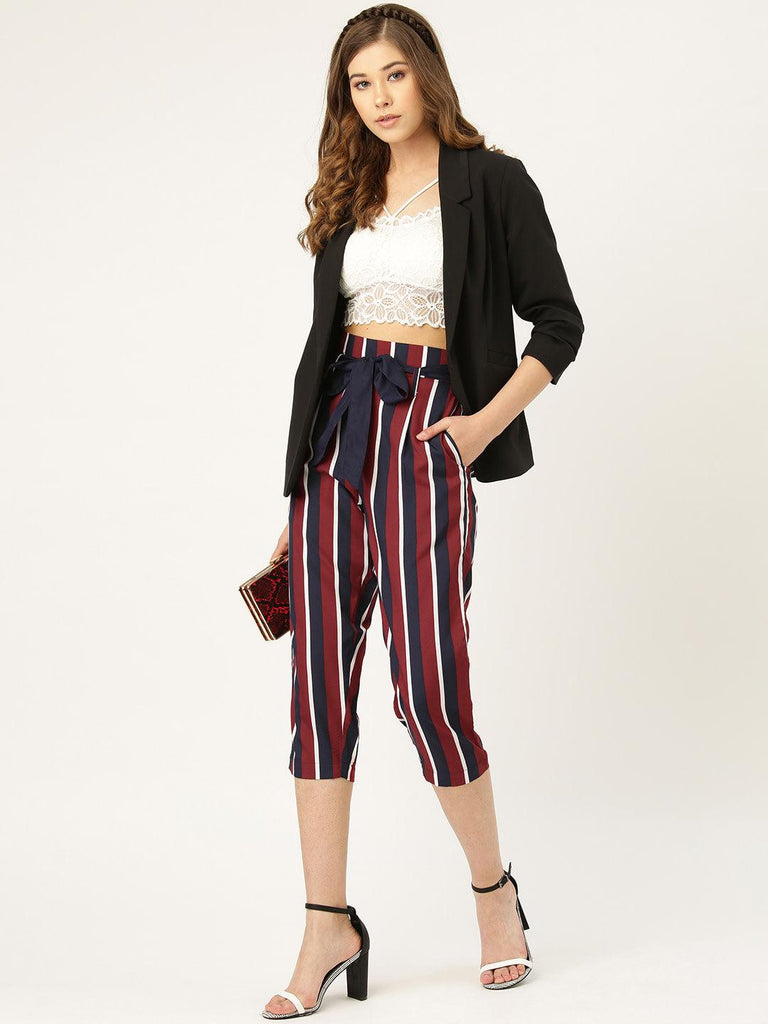 Women Grey & Black Smart Regular Fit Striped Three-Fourth Trousers-Trousers-StyleQuotient