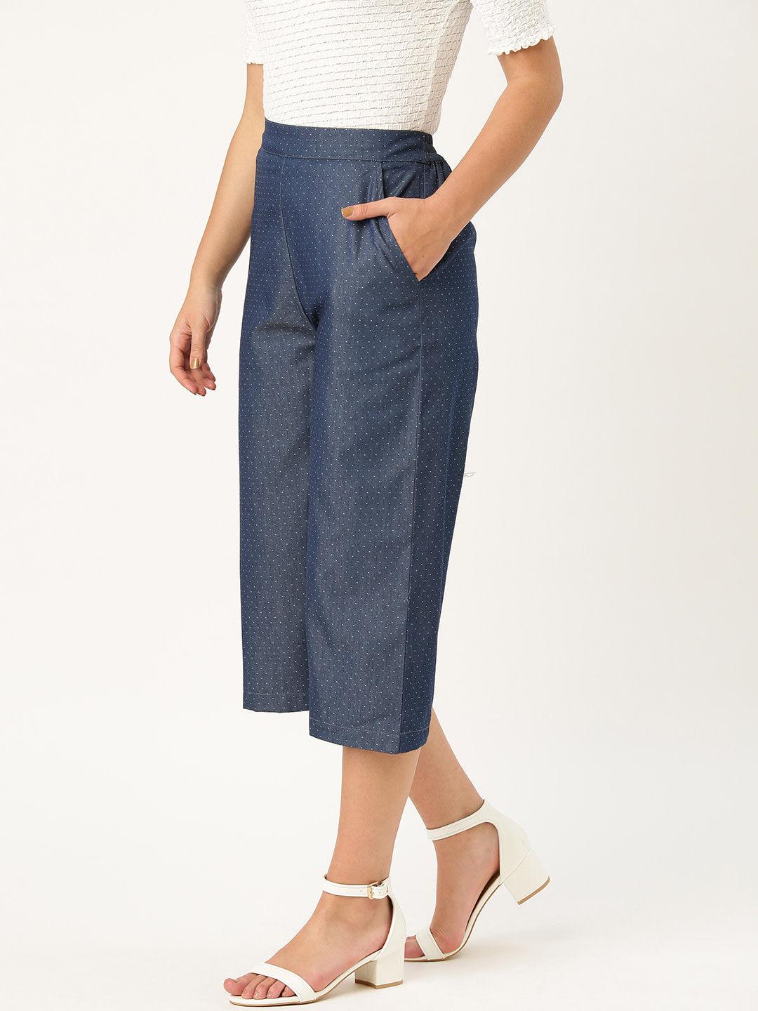 Women Navy Blue Original Loose Fit Solid Culottes-Trousers-StyleQuotient