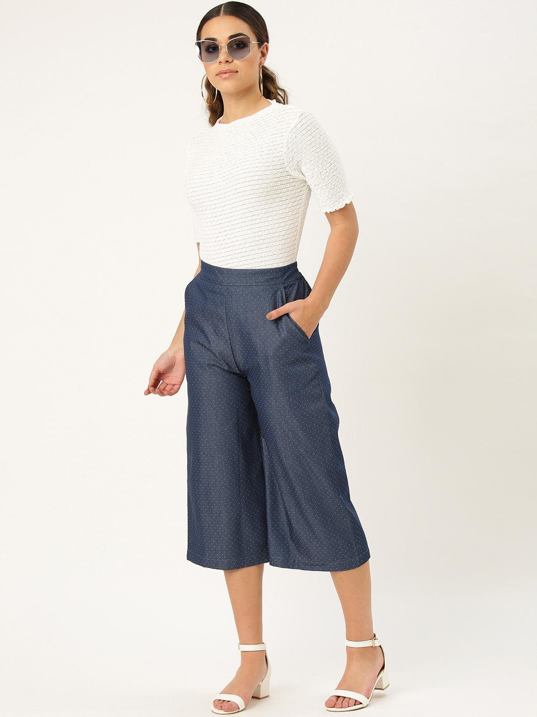 Women Navy Blue Original Loose Fit Solid Culottes-Trousers-StyleQuotient