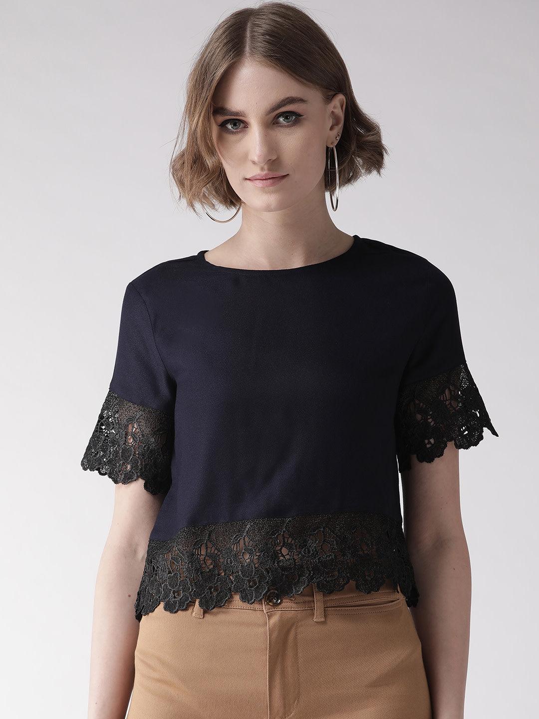 Women Navy Blue Lace Detail Solid Top-Tops-StyleQuotient