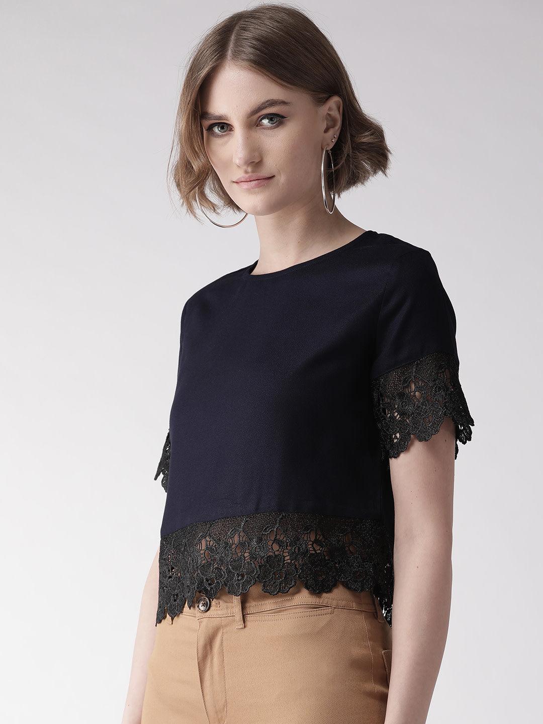 Women Navy Blue Lace Detail Solid Top-Tops-StyleQuotient