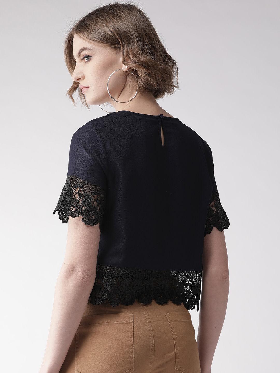 Women Navy Blue Lace Detail Solid Top-Tops-StyleQuotient