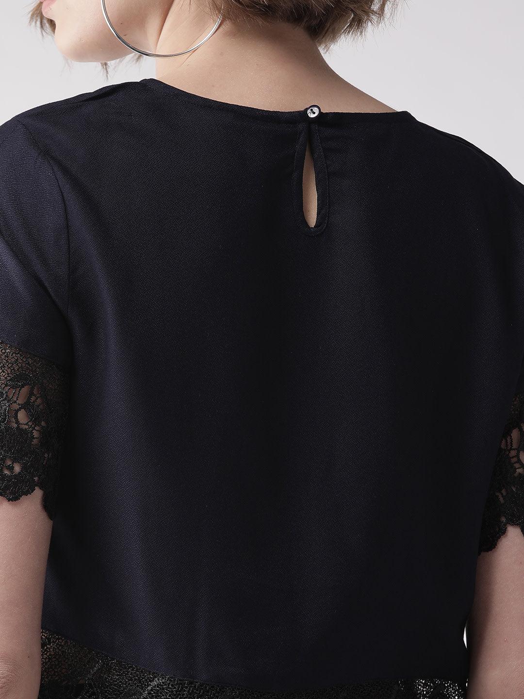 Women Navy Blue Lace Detail Solid Top-Tops-StyleQuotient