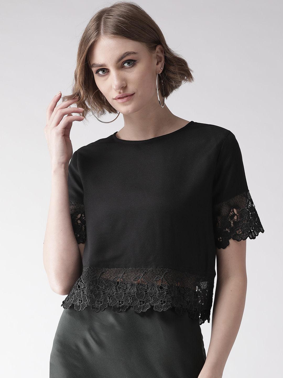 Women Navy Blue Lace Detail Solid Top-Tops-StyleQuotient