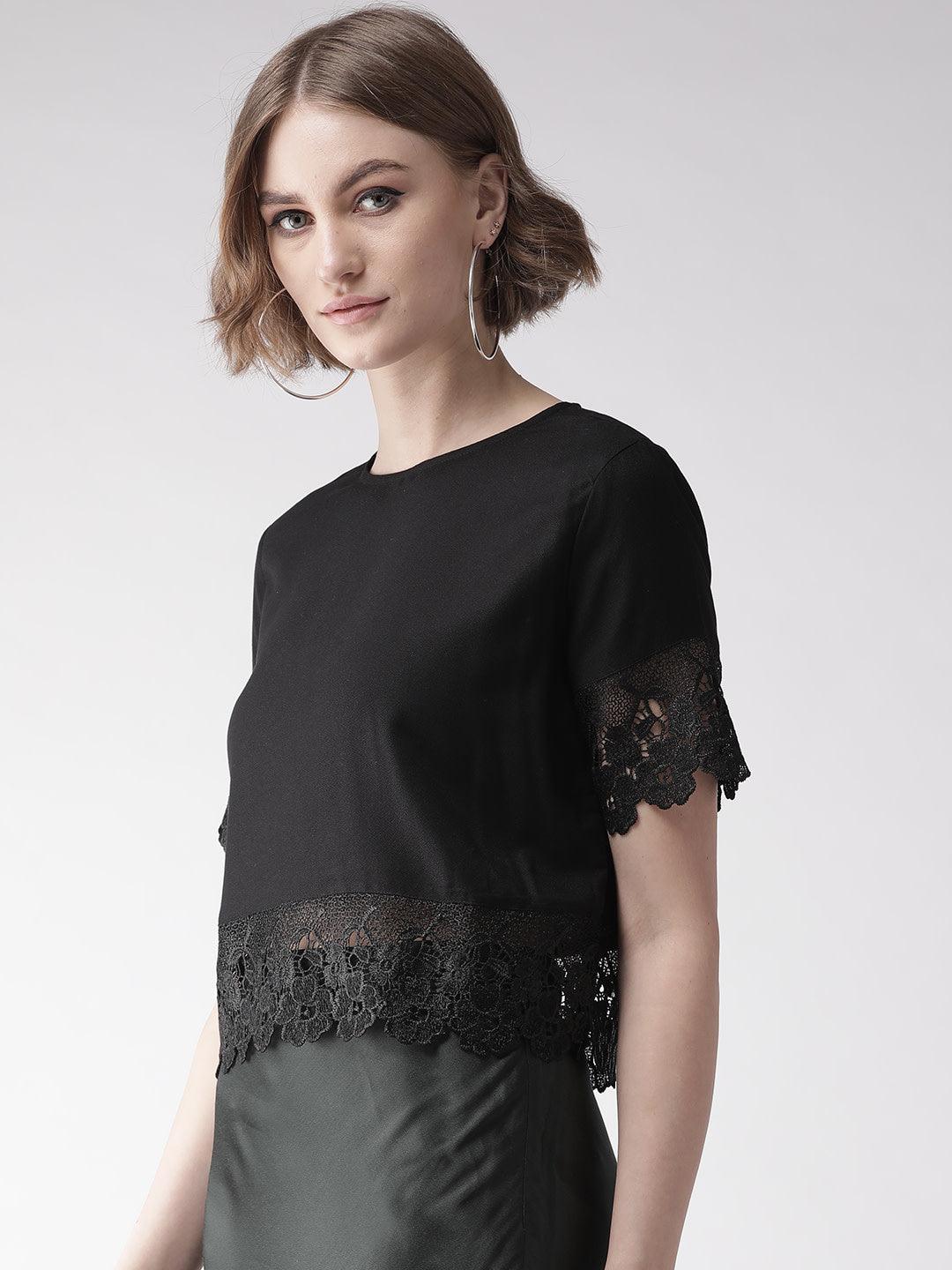 Women Navy Blue Lace Detail Solid Top-Tops-StyleQuotient