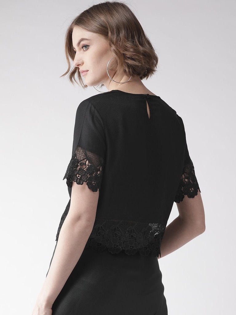 Women Navy Blue Lace Detail Solid Top-Tops-StyleQuotient