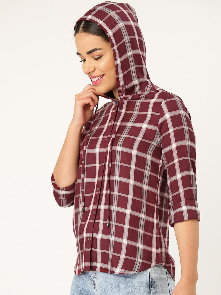 Women Twill Weave Regular Fit Checked Hooded Casual Shirt-Shirts-StyleQuotient