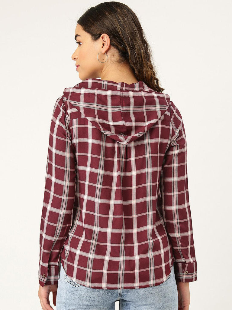 Women Twill Weave Regular Fit Checked Hooded Casual Shirt-Shirts-StyleQuotient
