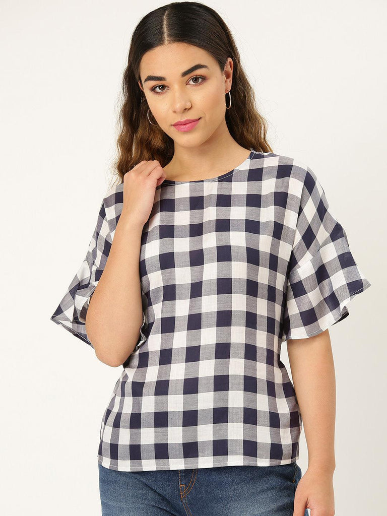 Women Navy & White Checked Top-Tops-StyleQuotient