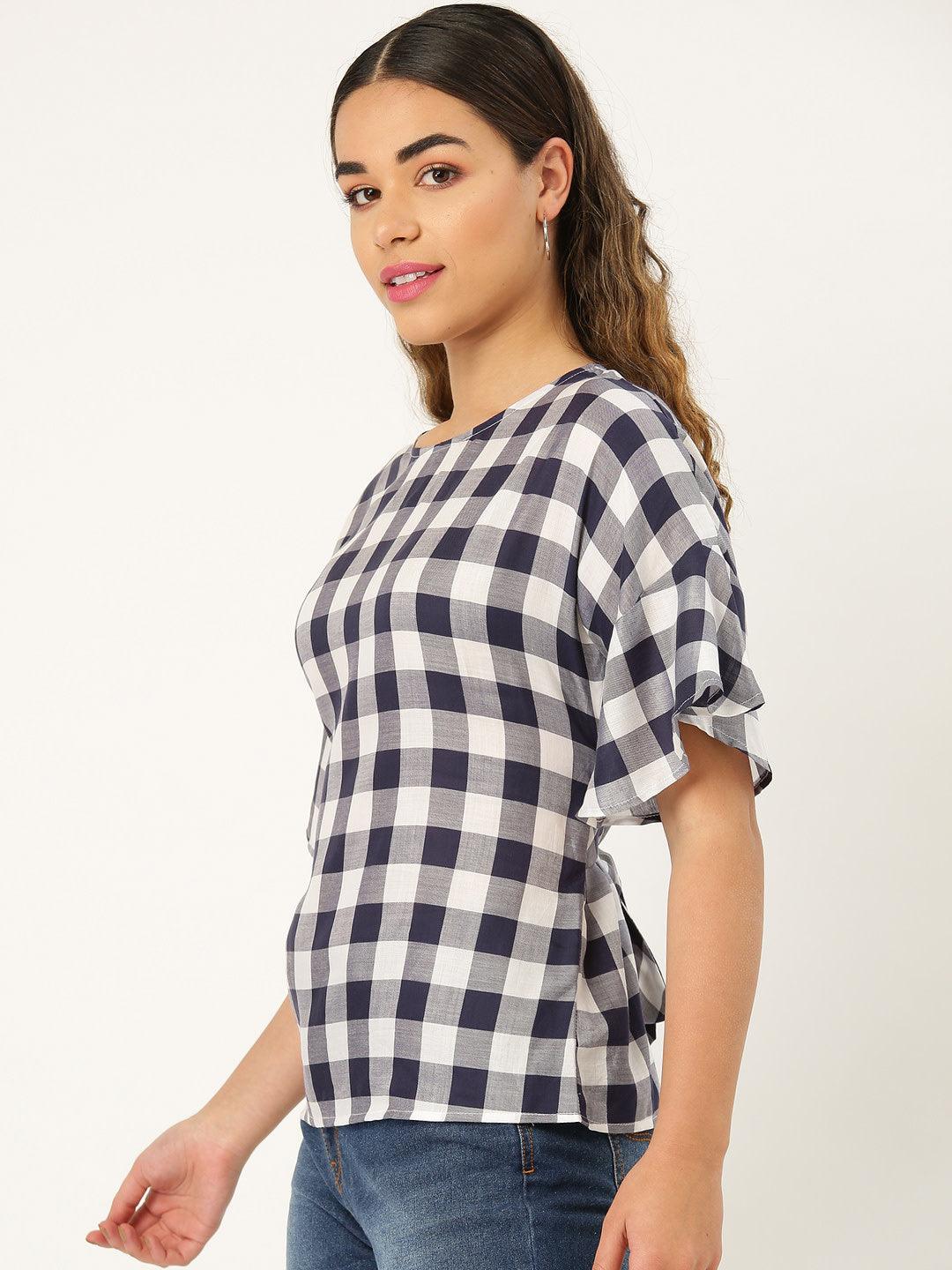 Women Navy & White Checked Top-Tops-StyleQuotient