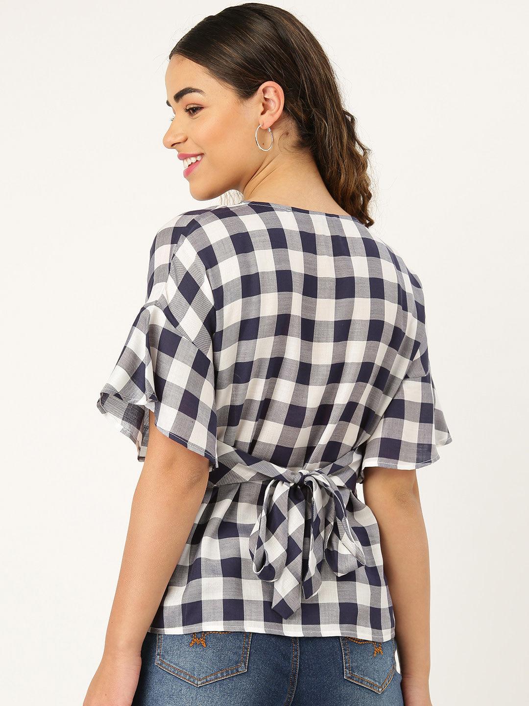 Women Navy & White Checked Top-Tops-StyleQuotient