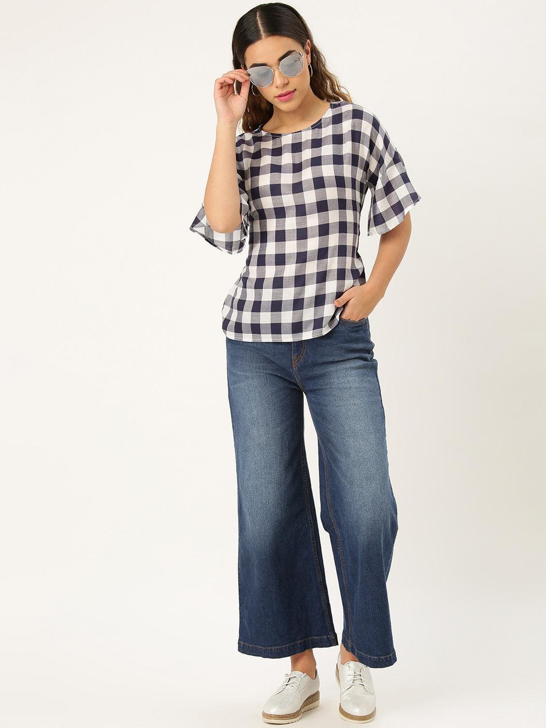 Women Navy & White Checked Top-Tops-StyleQuotient